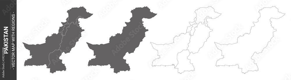 set of 4 political maps of Pakistan with regions isolated on white background