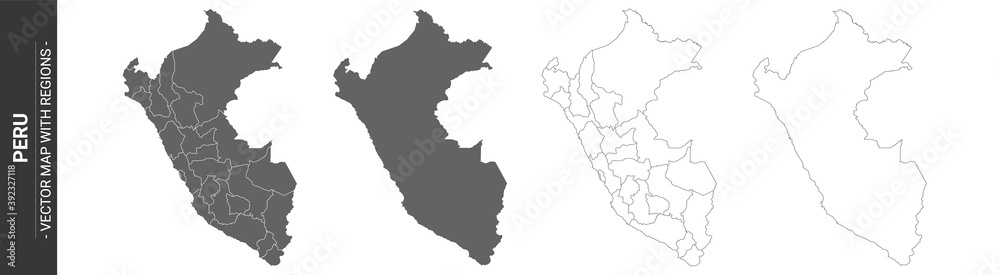 set of 4 political maps of Peru with regions isolated on white background