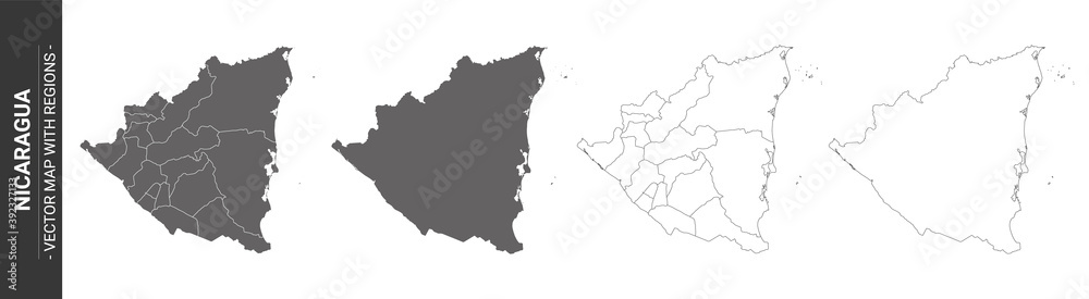 set of 4 political maps of Nicarague with regions isolated on white background