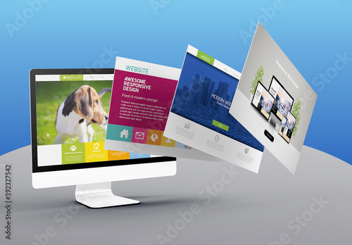 Computer with Floating three Screens Mockup