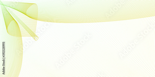 Light yellow, green line art template for cheque, ticket, voucher, gift card, certificate. Watermark design. Draped veil on squiggly curves. Abstract vector guilloche pattern. White background. EPS10