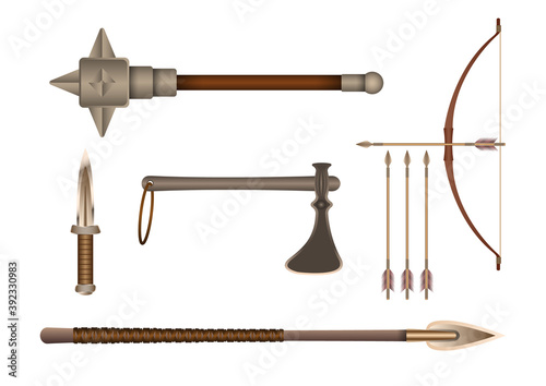 Realistic 3d Set Bronze fighting cold weapon isolated on a white background. Vector Illustration
