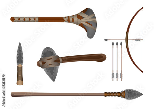 Realistic 3d Set Stone fighting cold weapon isolated on a white background. Vector Illustration