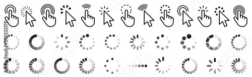 Computer mouse click cursor gray arrow icons set. Clicking cursor, pointing hand clicks and waiting loading icons.Hand icon design. Pointer click icon. loading icon.Vector illustration.