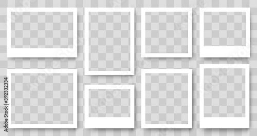 Photo Frame Collection. Polaroid photo frame set.Photo frames with realistic drop shadow vector effect isolated design.Photo frames fixed with adhesive tape on a transparent. Vector design background