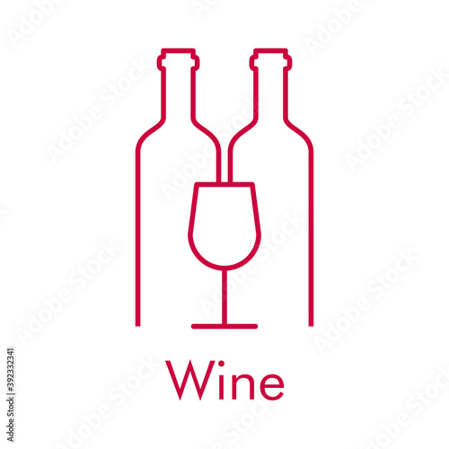Logotipo con texto Wine con 2 botellas de vino con copa  con líneas de color granate