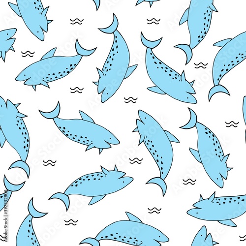 Seamless pattern with killer whale cartoon. Funny pattern for kids.