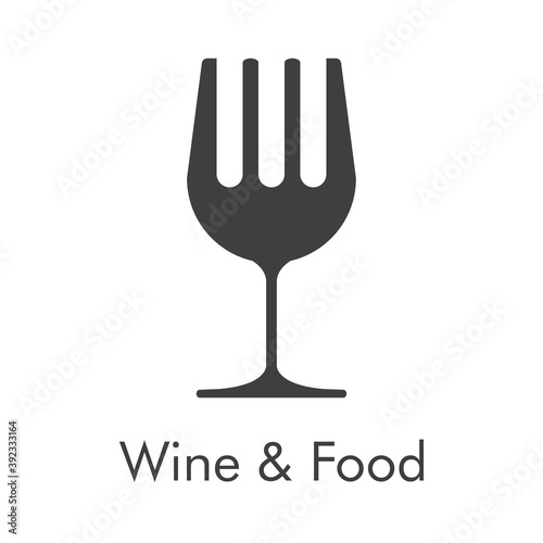 Logotipo con texto Wine & Food con tenedor con forma de copa de vino en color gris