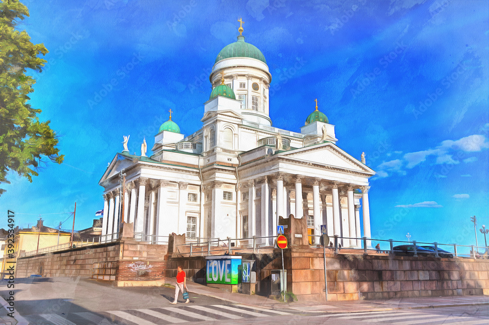 Helsinki Cathedral architecture colorful painting, 1852, Helsinki Finland.