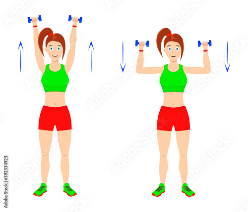 Exercise at home. Young curvy girl doing exercises with dumbbells for arm muscles.