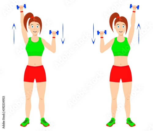 Exercise at home. Young curvy girl doing exercises with dumbbells for arm muscles.