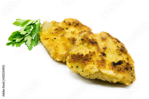 Schnitzel breaded isolated on white background