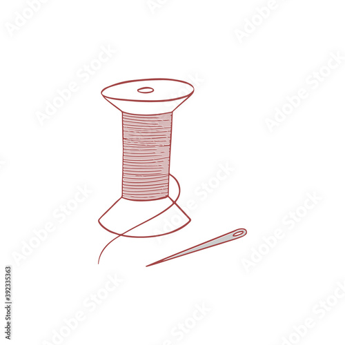 Hand drawn vector doodles - spool of thread and needle isolated on white background.