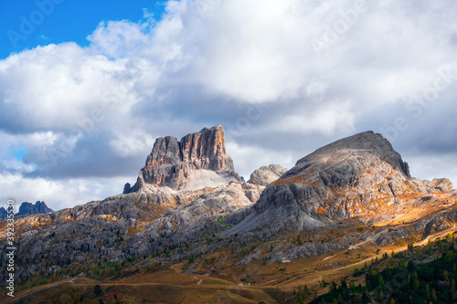 Dolomites to the Lagazuoi Mountains in the background of the beautiful Pelmo, Averau and Lastoi de Formin mountain peaks, near the town of Cortina d'Ampezzo, in the province of Veneto