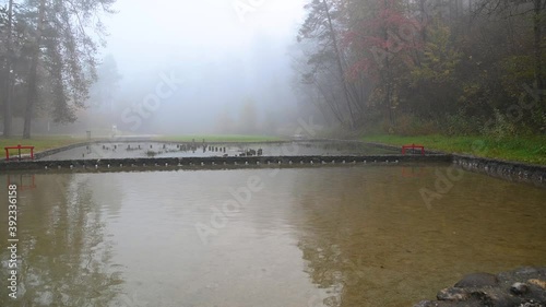 Misty morning haze over calm water small ponds. Autumn landscape in idyll nature. Scenic and atmospheric scenery near Sobec campground in Slovenia. Static shot, wide angle, real time photo