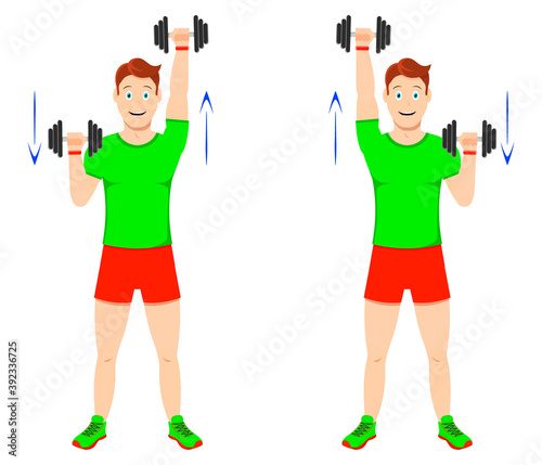 Exercise at home. Young handsome guy doing exercises with dumbbells for arm muscles.
