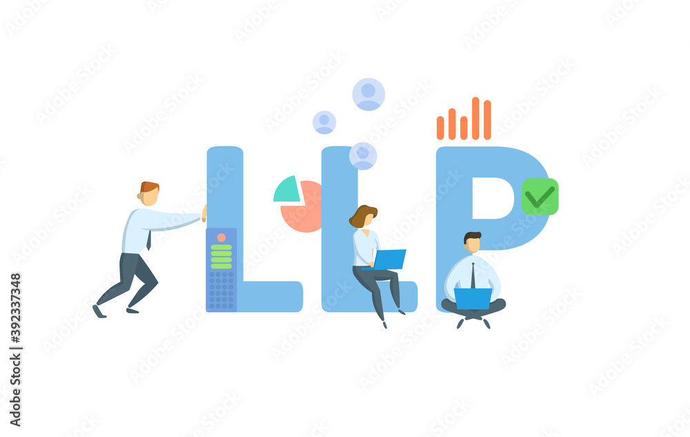 LLP, Limited Liability Partnership. Concept with keywords, people and icons. Flat vector illustration. Isolated on white background.