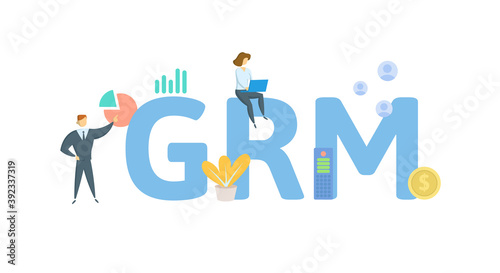 GRM, Gross Rent Multiplier. Concept with keywords, people and icons. Flat vector illustration. Isolated on white background.