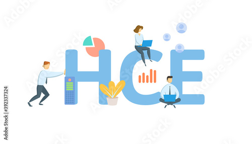 HCE, Highly Compensated Employee. Concept with keywords, people and icons. Flat vector illustration. Isolated on white background.