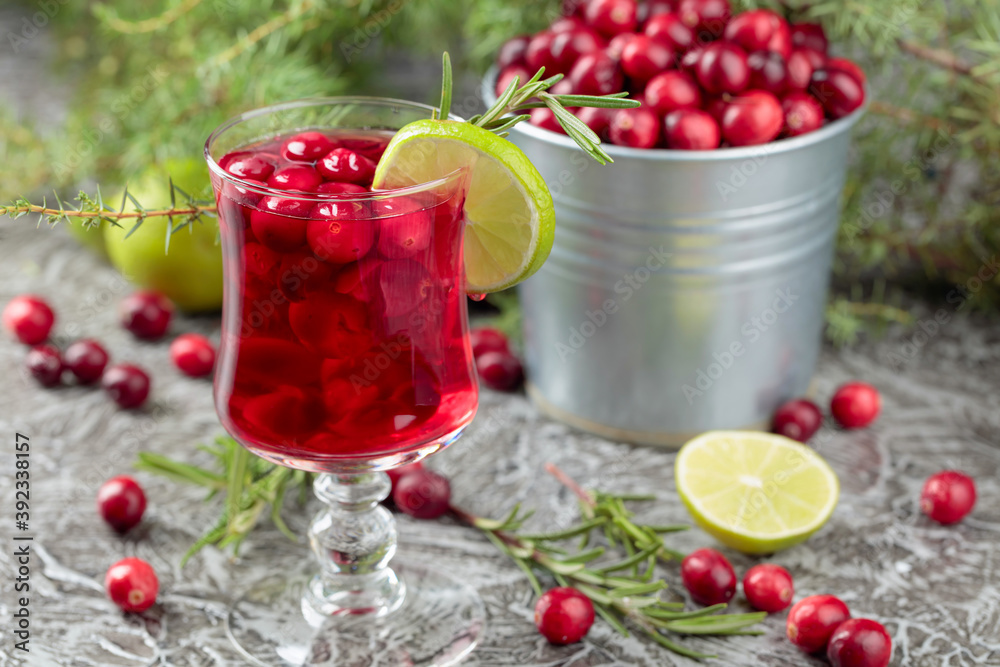 Glass of cranberry drink with berries, lime, and rosemary. Glass of cranberry drink with berries, lime, and rosemary.
