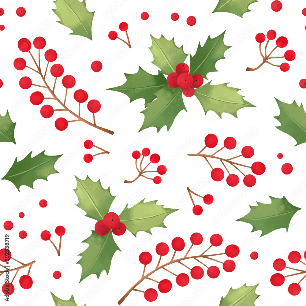 Watercolor Christmas Seamless pattern with holly. Winter background with red berries and botanical green foliage. Christmas mood. Perfect for wrapping paper, fabric, textile, invitations, packing
