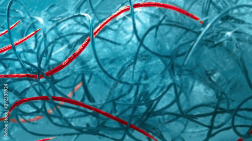 Abstract blue background with clouds, red and blue tubes