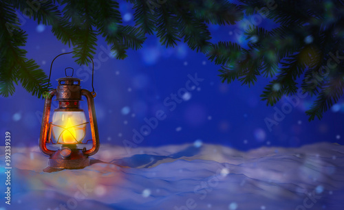 An old kerosene lamp on a snow with evergreen branches and light bokeh at night. 3d rendering