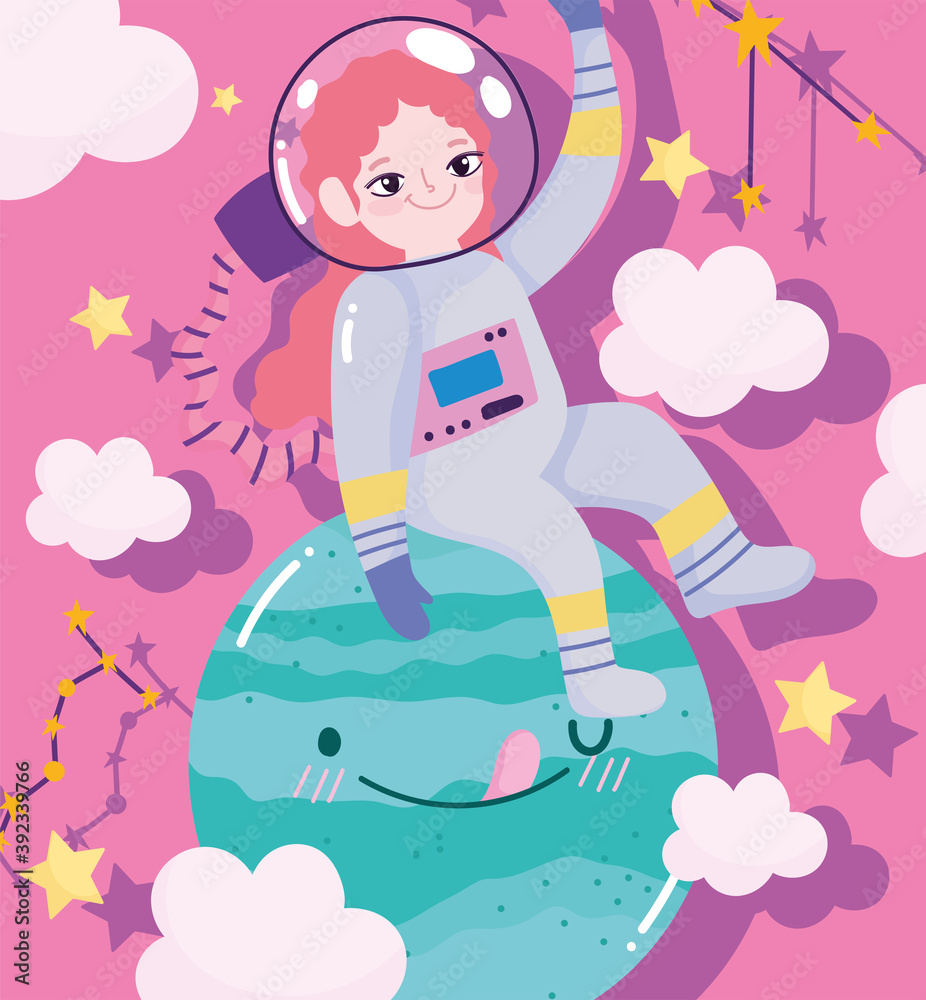 girl astronaut explore planet space adventure galaxy cartoon