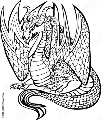 dragon tattoo, dragon beautiful contour drawing by hand isolated on a white background, page for coloring