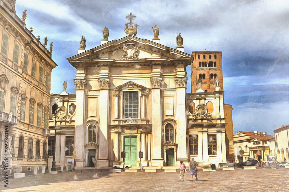 Mantua Cathedral colorful painting, Mantua, Lombardy Italy.