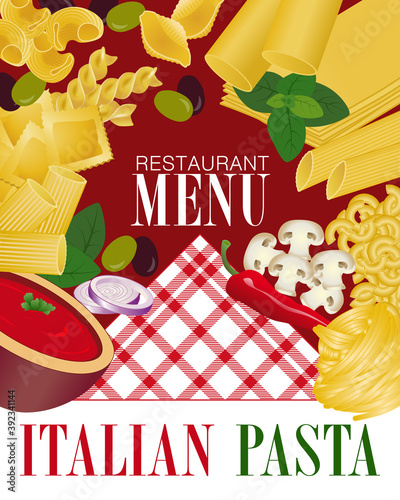 Couverture pour un menu de restaurant italien avec plusieurs types de pâtes accompagnées de différents ingrédients.
