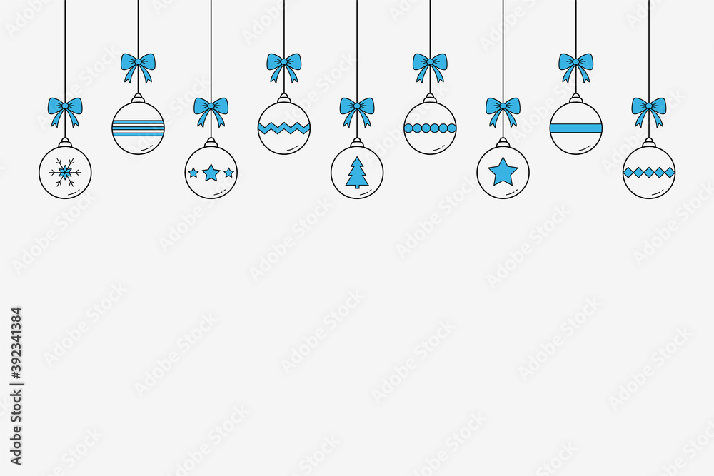 Hanging Christmas balls on white background. Festive decoration. Vector