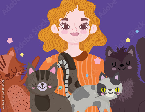 woman surrounded by cats, adorable pets