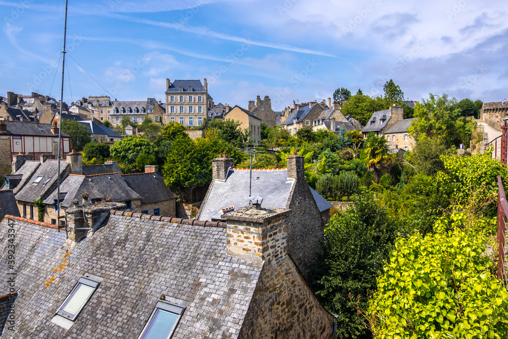 Dinan, France - August 26, 2019: High angle view of Dinan with old cobblestoned streets and stone medieval houses, French Brittany