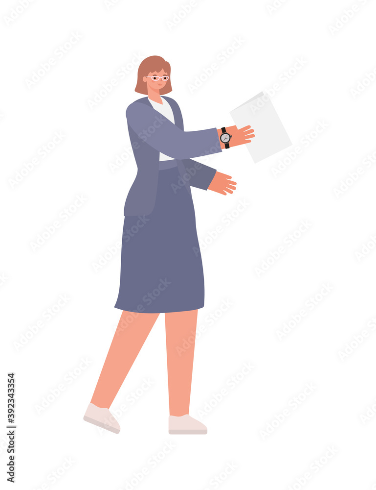 woman with ligth brown hair, purple suit and one paper woman with ligth brown hair, purple suit and one paper