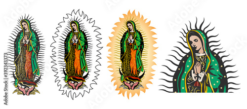 Virgin of Guadalupe, Mexican Virgen de Guadalupe color vector collection set.