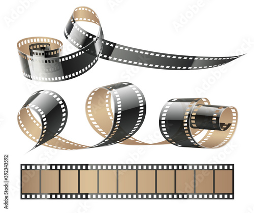 Film tape twisted reels for cinema movies or photography, isolated on white (transparent) background. Illustration.