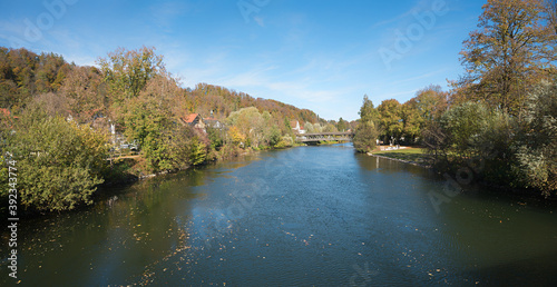 Loisach river Wolfratshausen, in autumnal season. bavarian landscape