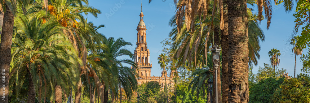 Parque de Maria Luisa is a famous public park in Sevilla, along the Guadalquivir River, Andalusia. panorama