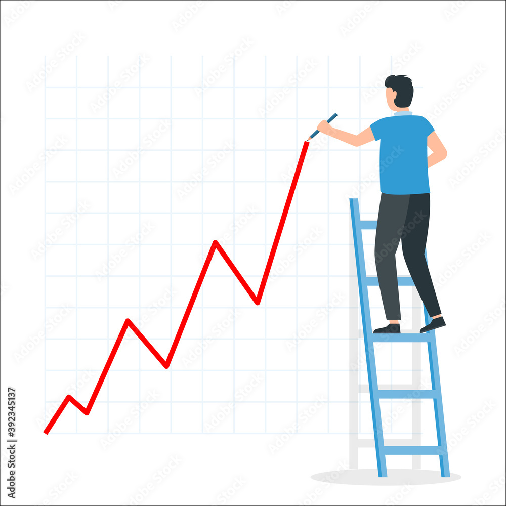 Businessman draws a growth chart standing on the stairs. Financial profit growth chart. Businessman draws a growth chart standing on the stairs. Financial profit growth chart.