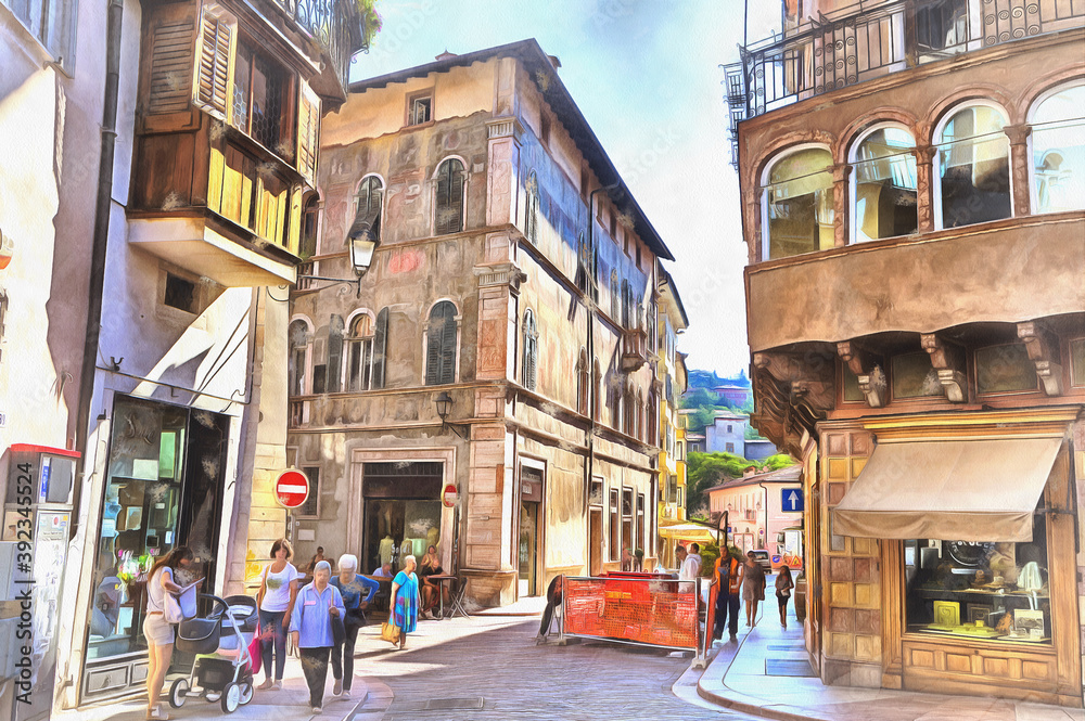 Obraz premium Street in old town colorful painting, Trento, Trentino Alto Adidge, Italy.