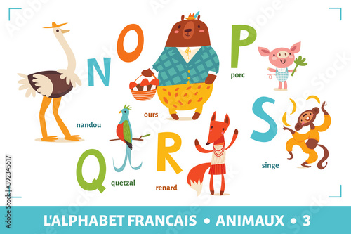 French language alphabet poster with cartoon animals