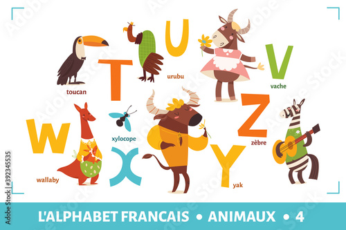 French language alphabet poster with cartoon animals