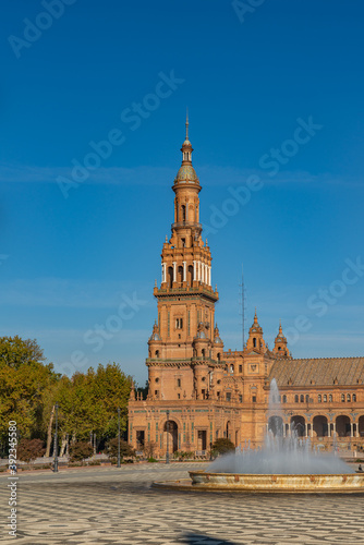 The Plaza de Espana, Spain Square, in Seville, Andalusia, Spain. It is located in the Parque de Maria Luisa, vertical