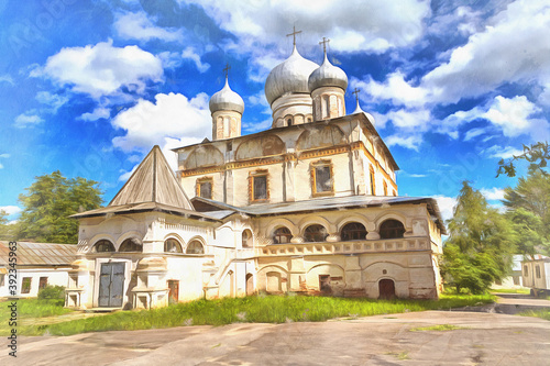 Znamensky monastery church colorful painting, Veliky Novgorod, Russia.