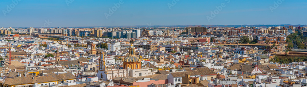 City skyline of Sevilla panorama aerial view from the top of Cathedral of Saint Mary of the See, Seville Cathedral , Spain,