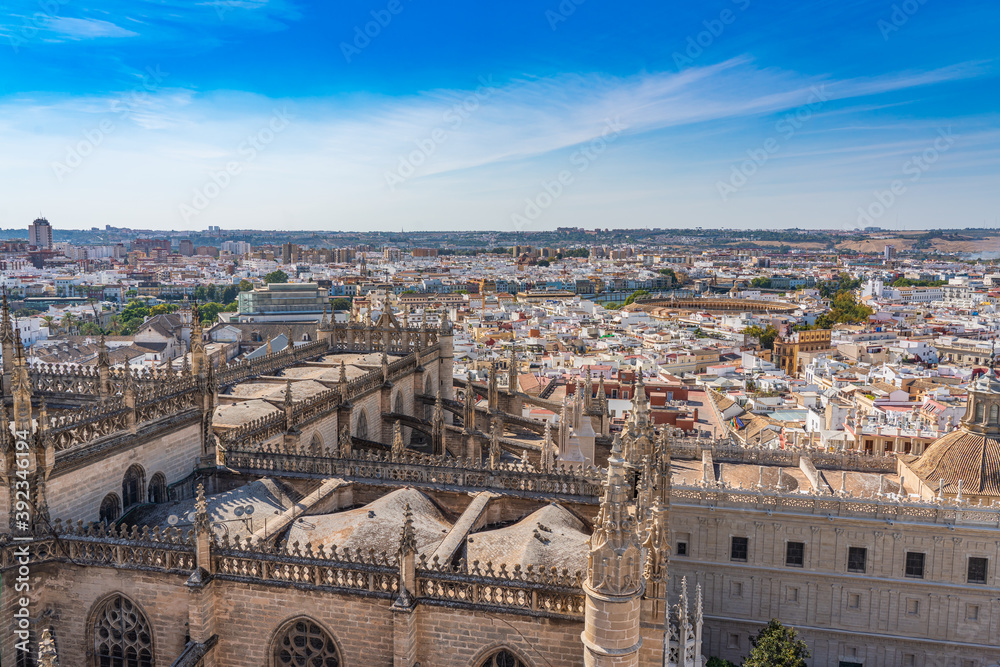City skyline of Sevilla aerial view from the top of Cathedral of Saint Mary of the See, Seville Cathedral , Spain