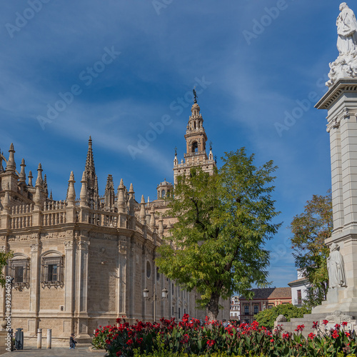 Plaza del Triunfo at the Cathedral of Saint Mary of the See in Seville, Gothic cathedral, with the skulpture