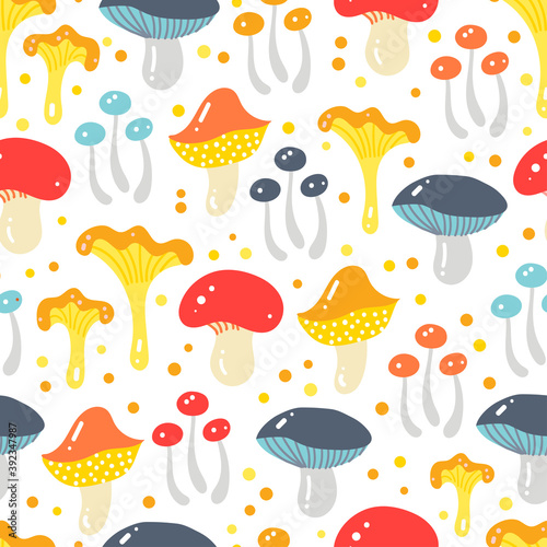Wild edible mushrooms seamless hand drawn cute colorful pattern background. 
