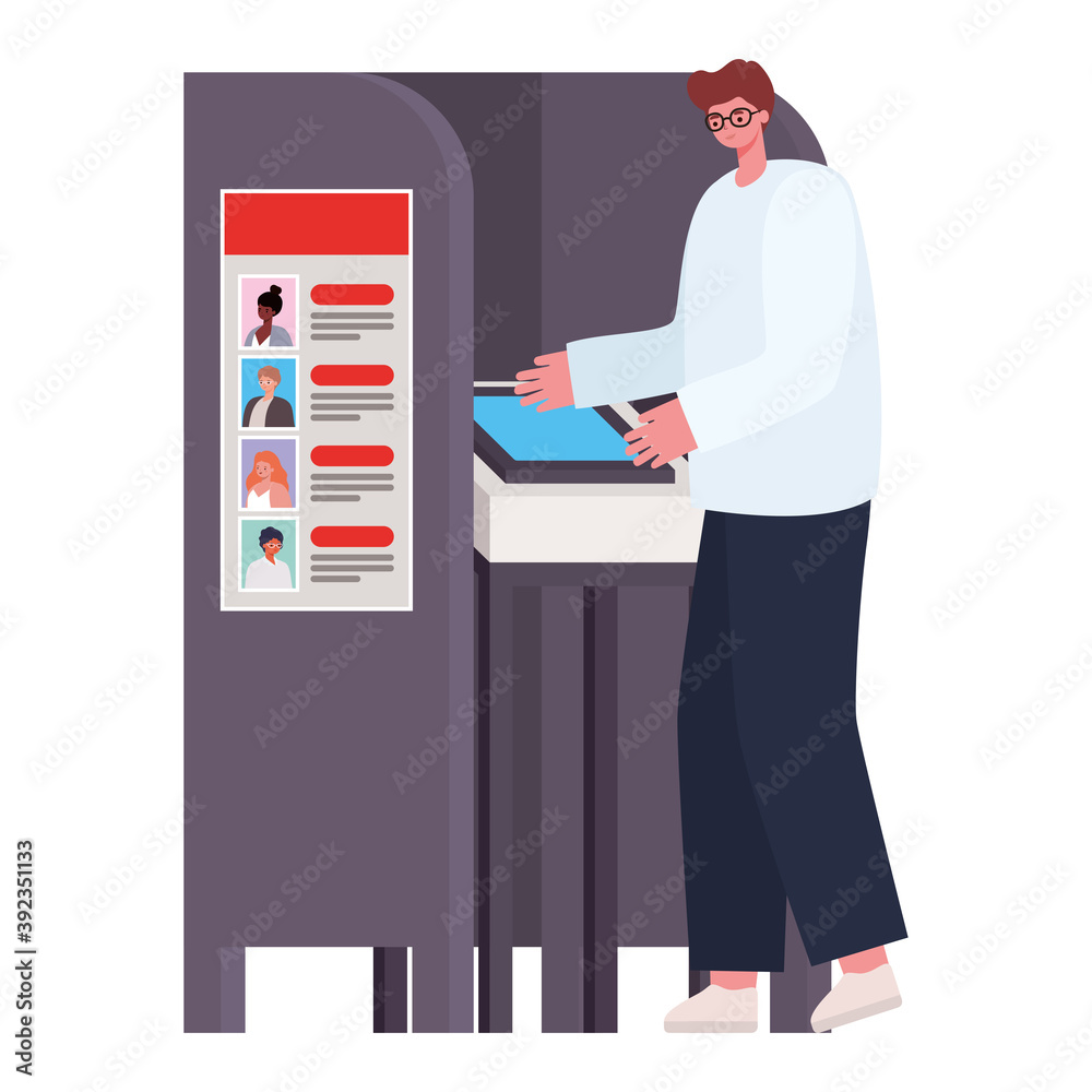 man voting with dark brown hair and white coat in gray voting booth man voting with dark brown hair and white coat in gray voting booth